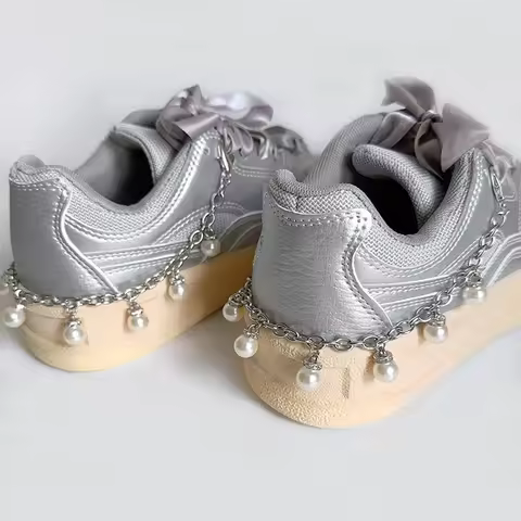 Fashion Pearl Metal Chain Shoe Buckle Decorations Rhinestone Pearl Shoe Chain Silver Shoe Charms Pen