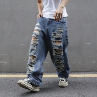 ผู้ชายหลวม Fit ขากว้างกางเกงยีนส์ Ripped และกระเป๋า Oversize ยาว Dark Jean Cargo Plain Blue Going Ou