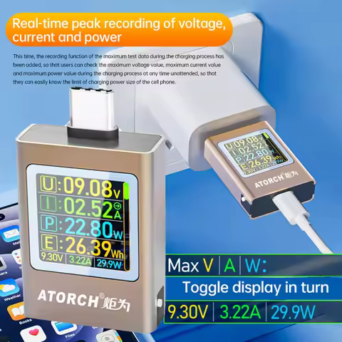 AT085C Digital Display Multifunctional Voltage Current Power Meter DC 4.5~50V 12A PD3.1 Charger Test