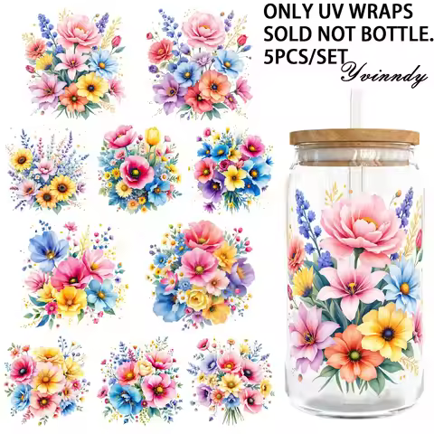 5Pcs/Set Elegant Flower Bouquet 16OZ Glass Jar Transfer Paper UV DTF High Self-Adhesive Transfer Pap