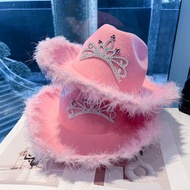 Pink Feather Cowboy Hat Queen Crown Hot Girl Princess Jazz Hat Western Photo European American Barbi