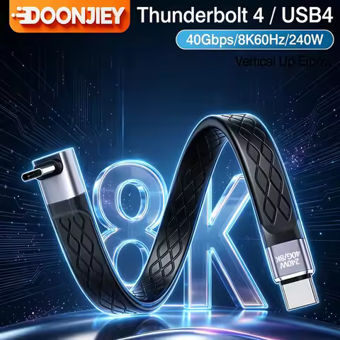 DOONJIEY Thunderbolt 4 90 Degree L-angle Flat Cable 40Gbps USB4 Side Elbow Type C Cable 240W 8K Vert