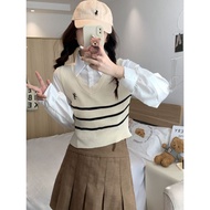 AJW [XCE] Atasan Wanita Crop Top V-Neck Kerah Polo | Baju Atasan Wanita Terbaru Rompi Knit Vest Polo