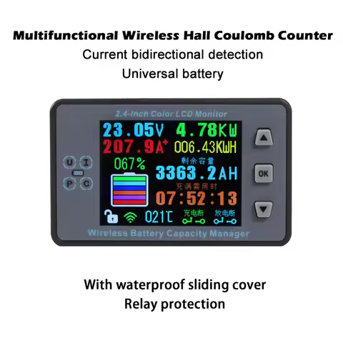 VAC8810F 2.4 Inch Wireless Voltage Ammeter Battery Management System Temp Coulomb Capacity Meter 0-1