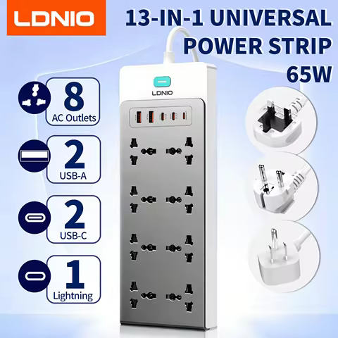 LDNIO 65W 13-in-1 Power Strip Surge Protection 2M Extension Cord Universal Outlets EU KR UK US Plug 