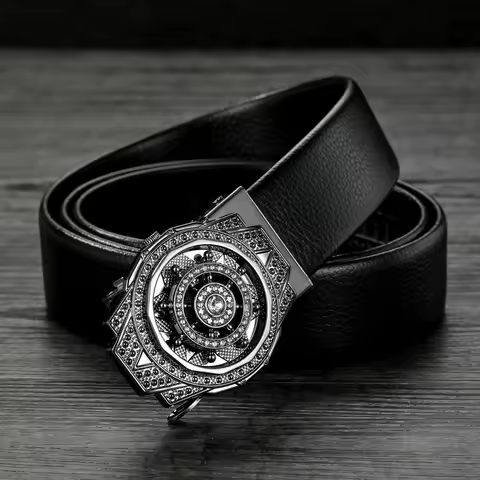 Luxury Men's Rotatable Bling Belt, Cz Diamond-Embellished Litchi Grain Pu Leather Automatic Buckle W