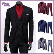 3Pcs/Set Men Suit Set Slim Fit Formal Prom Wedding Tuxedo Suit Jacket Vest Pants Set Solid Color Bus
