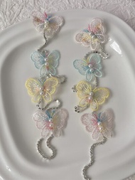 2入組女性蝴蝶、珍珠、流蘇、花朵鑲嵌鑽石髮夾，編織鏈毛飾、頭飾波霸風格