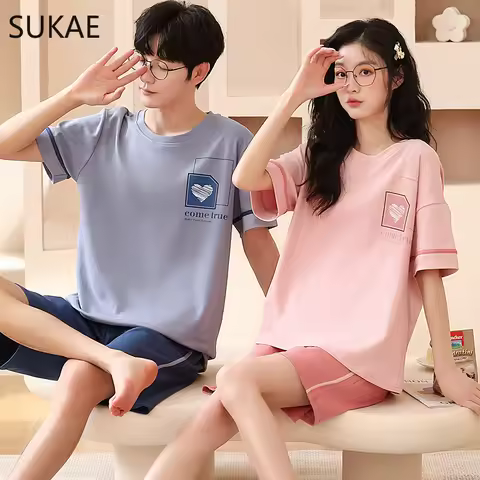 SUKAE Summer Cotton Shorts Couple Sleepwear Cute Pajama Korean Pajamas Set for Man Fashion Trendy Wo