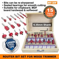 MYDIYHOMEDEPOT - 15pcs Router Bit Set For Wood Trimmer Machine 6.35mm 1/4" Shank 15pcs Router Bit Se