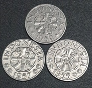 IN-25 Koin INDO kuno Set 3 keping 25 sen tahun 1952 1955 1957