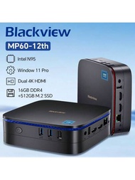Blackview Mp60(n-95+16gb+512gb) 升級版 迷你電腦 Intel 12代 N-95(高達3.4ghz), 迷你台式電腦 16gb Ram 512gb Ssd,支援 Windows 11 Pro 雙4k Hdmi顯示,雙wifi,藍牙4.2,適用於商務、家居、辦公室