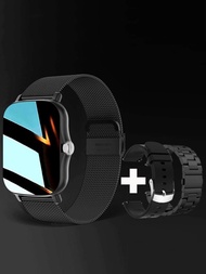 1入組黑色不銹鋼帶運動日曆鬧鈴24時心率監測睡眠跟蹤方形錶盤智能手錶,適用於安卓iPhone