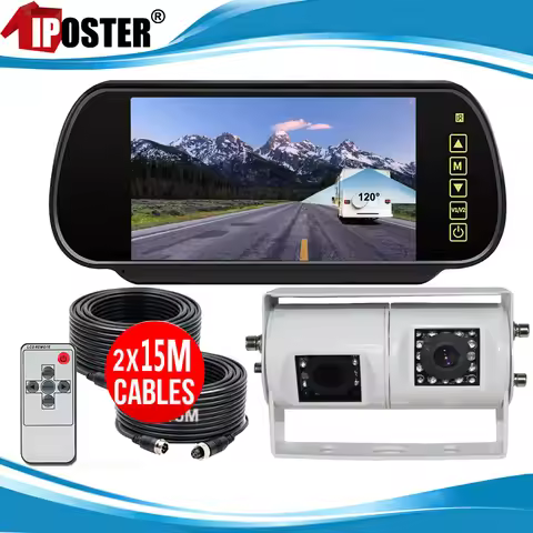 iPoster Dual Head 4Pin IR Reversing Rear View Camera 7" Mirror Monitor Clip on 12-24v 2x 15m 4pin Ca