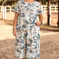 Plus Size Round Neck Loose Fit Short Sleeve Round Neck T-Shirt & 7/8 Pants 2pcs/Set,Summer Clothes,V