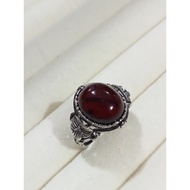 (R397) RED AMBER NATURAL GEMSTONE ADJUSTABLE SILVER FLOWER RING 红血珀天然宝石可调节银花戒指 CINCIN PERAK BATU PERMATA MERAH