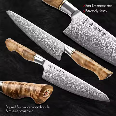 HEZHEN 8.3 Inches Chef Knife 65° Large Angle 60-62 HRC Japanese 67 Layers Damascus Steel Beautiful G