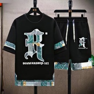Mens 2-piece casual sports set trendy brand new summer style fake two-piece short sleeved mens cloth
