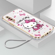 Casing Samsung Galaxy A20 A30 A50 A50S A30S A31 A51 A71 4G 5G Ultra-thin Plating Square Lovely Cartoon Hello Kitty Silicone Case with Lanyard Phone Case