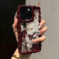 เคสโทรศัพท์แบบนิ่มกันกระแทกสำหรับผู้หญิง ลายผีเสื้อต่อผ้าพิมพ์ลายสีเบอร์กันดีครีม สำหรับ IP17/IP17PR