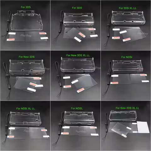 1Set Transparent Crystal Protective Cover Case&LCD Screen Film&wrist strap For NDSL NDSi XL LL 2DS 3