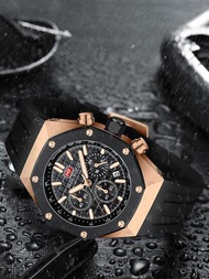 A 黑色運動男士手錶(多功能/防水/夜光/日曆)矽膠帶時尚石英手錶