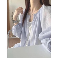 Kemeja Linen Wanita Collar Bulat Lengan Balon Longgar Nipis Pelindung Matahari Button Down Blouse Ou