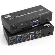 8K Dual Monitor HDMI KVM Switch 2 Monitors 2 Computers,4 USB Devices, Audio Microphone and SD TF Car