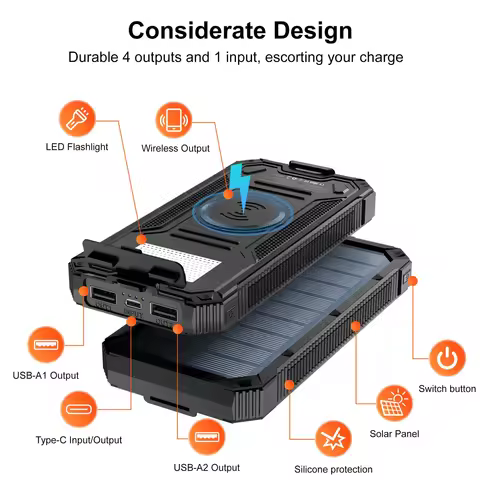 Outdoor Waterproof Wireless Charging Solar Power Bank 20000mAh Fast Charging Emergency Mobile Power 