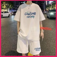 SPORTY KOREAN STYLE MEN'S SUIT SHORTS + BEAR & ONLINE MOTIF T-SHIRT HAPPY BIGSIZE ALLSIZE SML XL 2XL