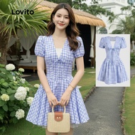 (trendy3)Lovito Casual Dress Bow Spring/summer Blue Dress for Women L151AD043 Lovito Pakaian Kasual 