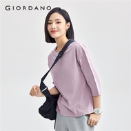 GIORDANO Women T-Shirts 100% Cotton High-Low Hem Soft Tee Crewneck 3/4 Sleeve Simple Basic Fashion C