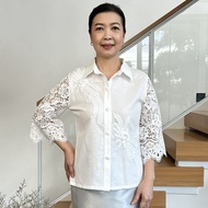 เสื้อเชิ้ตลินินผู้ใหญ่แต่งลูกไม้คอตตอนนิ่ม อก 38" 40" 42" 44" 46" 48" 50" อินกะออย In Ka Oil สีครีม/