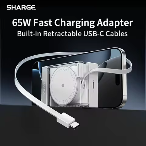 SHARGE Retractable 65W USB C Charger GaN Power 2 Devices PD Fast Charging for MacBook Pro/Air, iPhon