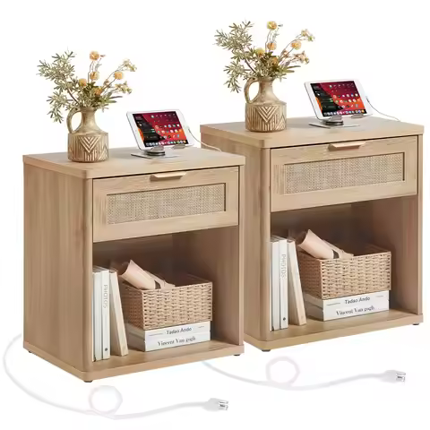 Rattan Nightstand Set 2 Charging Station 23" Boho Bedside Table Drawer Open Cabinet End Table Bedroo