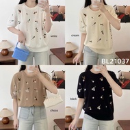 BL21037 Flower Embroidered Loose Knit Tee Soft Knit T-Shirt with Floral Embroidery