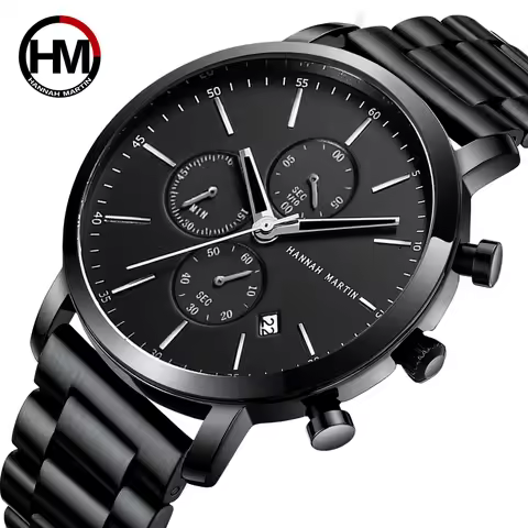 Hannah Martin Multifunctional Sports Men Sports Watch Black Dial Stainless Steel Waterproof Calendar