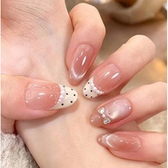 Exquisite French Cat Eye Almond Fake Nails with Glue Pearls Cute False Nails Set Press on Nails