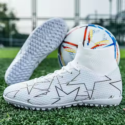 A pair of youth four-season leather football shoes with stud detailing, durable high-top design, siz