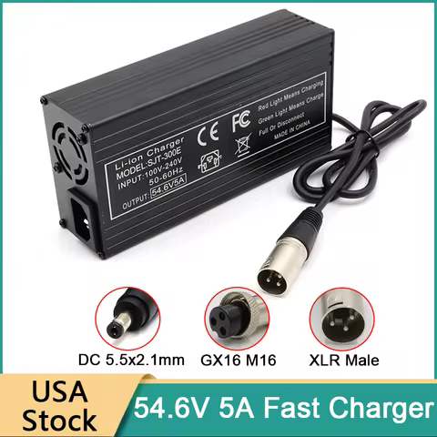 54.6V 5A Electric Bike Fast Charger for 13S 48V 10Ah 15Ah 20Ah Lithium Battery GX16 M16 3-Pin XLR Ma