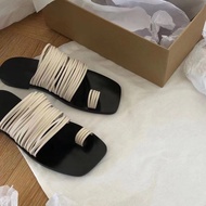 DANDT Niche Design Feel Square Toe Noodle Hollow Cover Flat Slippers Summer Women Color Matching Cas