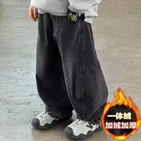 Boys Thick Jeans Winter Cool Children's Fleece Line Warm Pants Kids Baggy Autumn Teenagers Comfortab