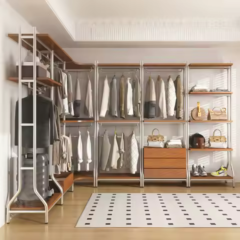 Hxl open wardrobe iron art floor metal storage rack solid wood wardrobe