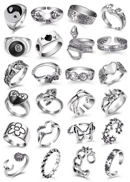Vintage Silver Open Punk Rings for Men Women, 24PCS Adjustable Rings, Alt Rings, Chunky Silver Rings