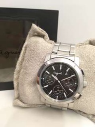 法國名牌 agnés b. 金屬不鏽鋼 錶帶 三眼手錶 指針 防水 碼錶  錶面直徑30/含外框38