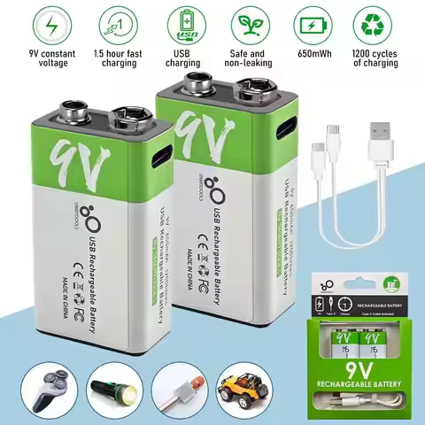 9V Lithium Ion Rechargeable Lithium Battery Type-C USB Battery 9V Multimeter Microphone Metal Detect