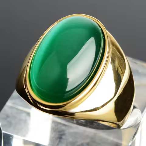 Real Gold Plated Green Cat‘s Eye Stone Man Ring Stainless Steel Simple Trendy Opals Wedding Engageme