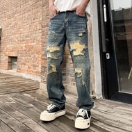 美式潮牌水洗直筒休閒褲做舊假破洞牛仔長褲破爛補丁刺繡牛仔褲男