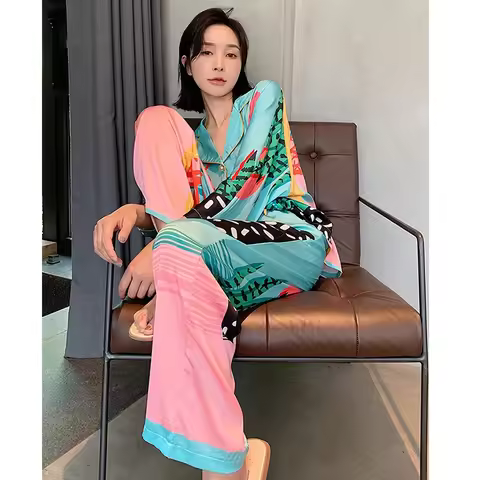 Satin Pajamas Set Spring Summer Home Suit with Pant Women's Print Pijama Suit Silk Pijama Set Sleepw
