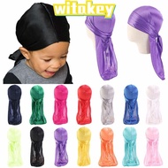 WITAKEY 2Pcs Pirate Hat, Imitation Silk Durag Elastic Headwrap, Cap Pirate Hip Hop Long Tail Baby Turban Hijab Boy